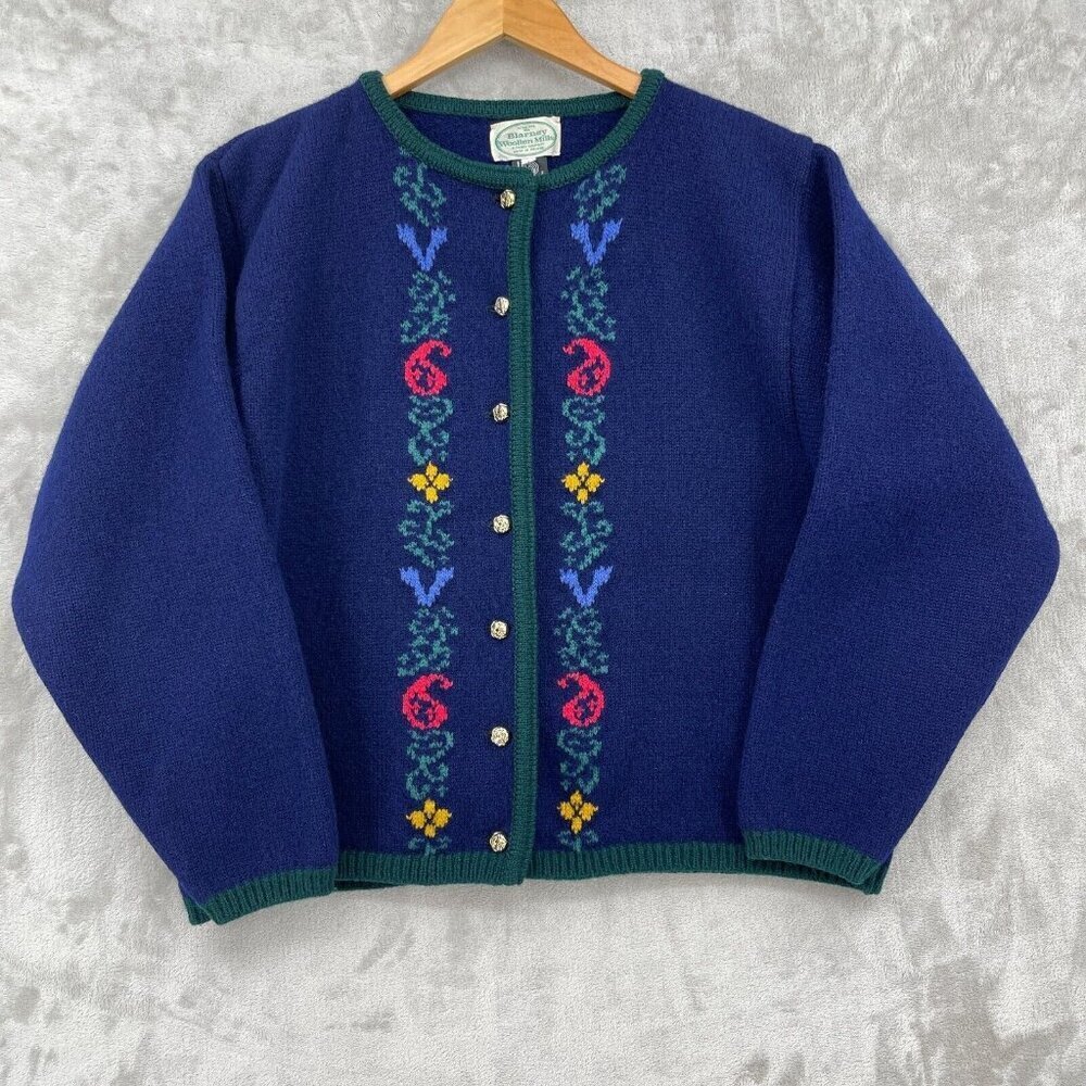 Blarney Woolen Mills Vintage 100% Wool Navy Boxy Fit Cardigan Sweater